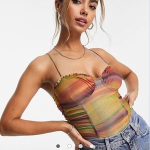 Pull&Bear retro stripe corset mesh bodysuit in green